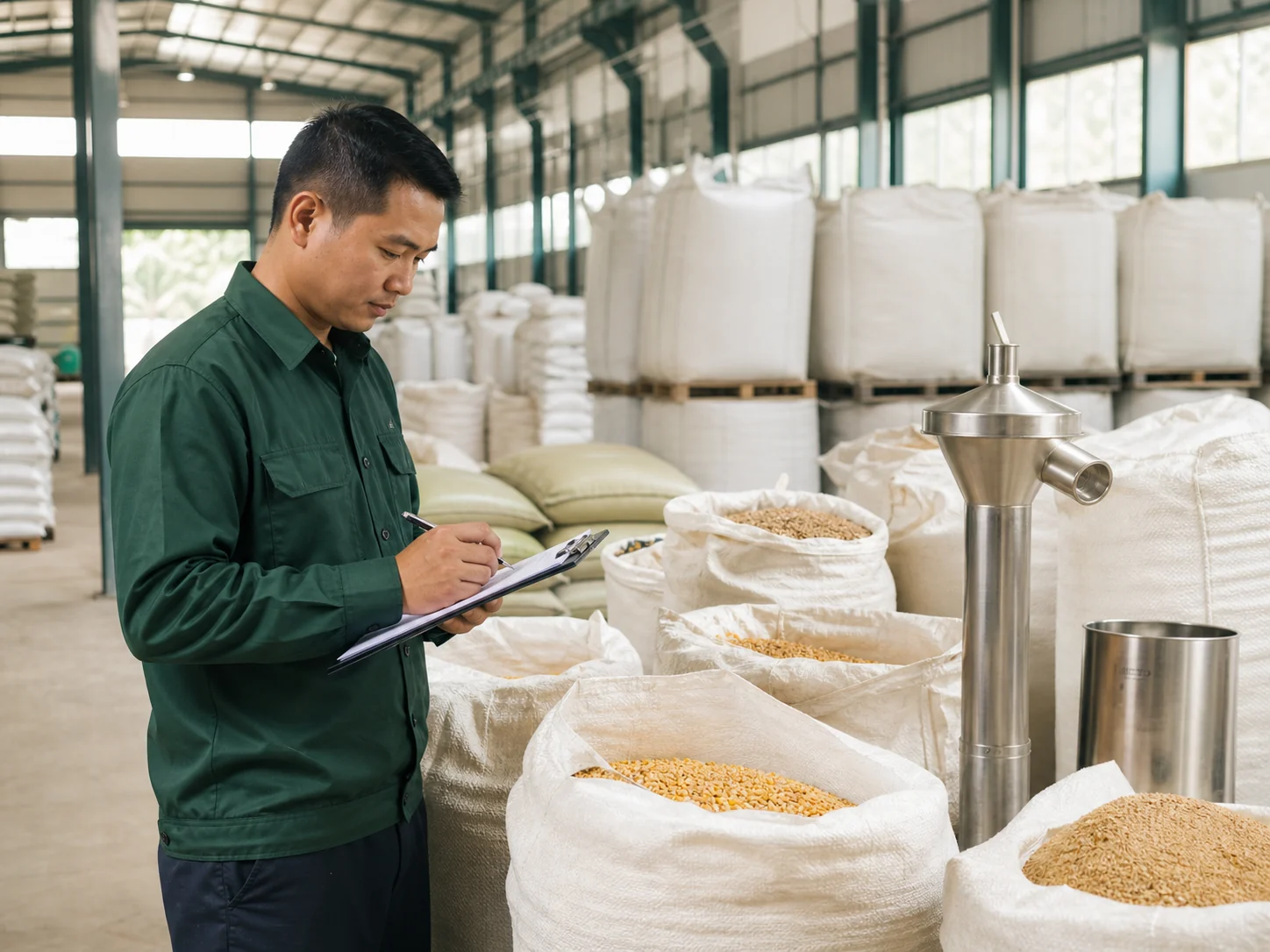 Nhân sự kiểm tra nguyên liệu thức ăn chăn nuôi tại kho